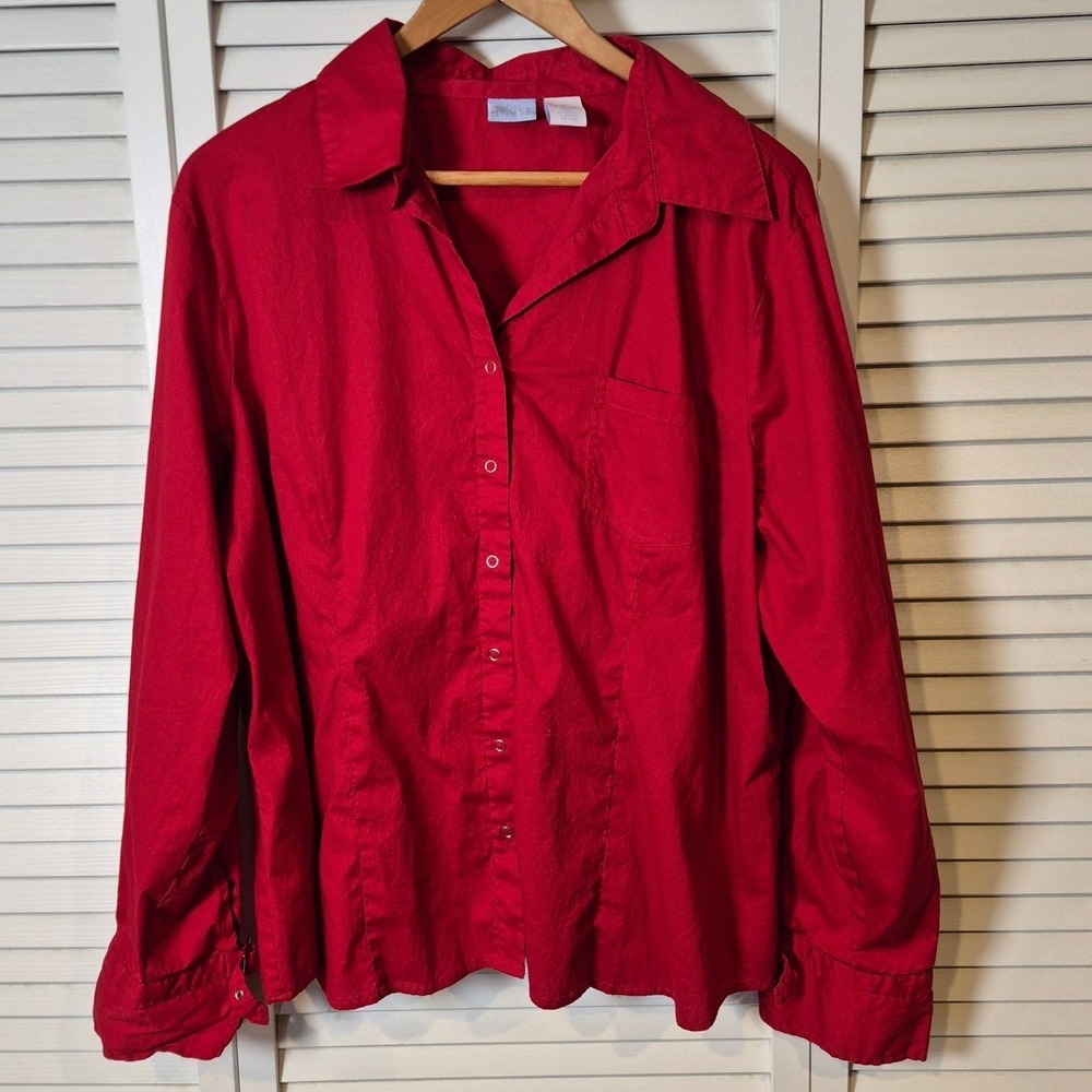 Jessi‎ L. Red Button Down Shirt 1X Plus Size Long Sleeve Adjustable Cuffs